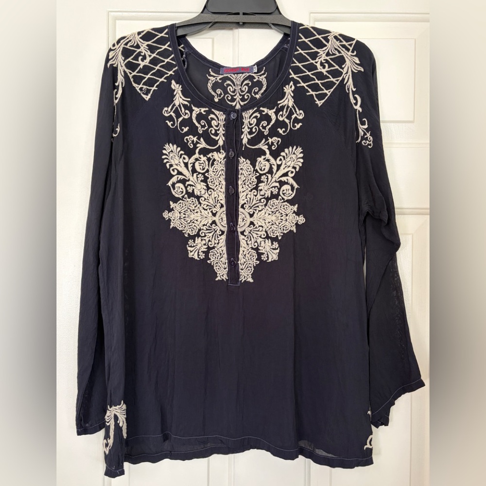 Johnny Was Black Tunic with Cream Embroidered Detail